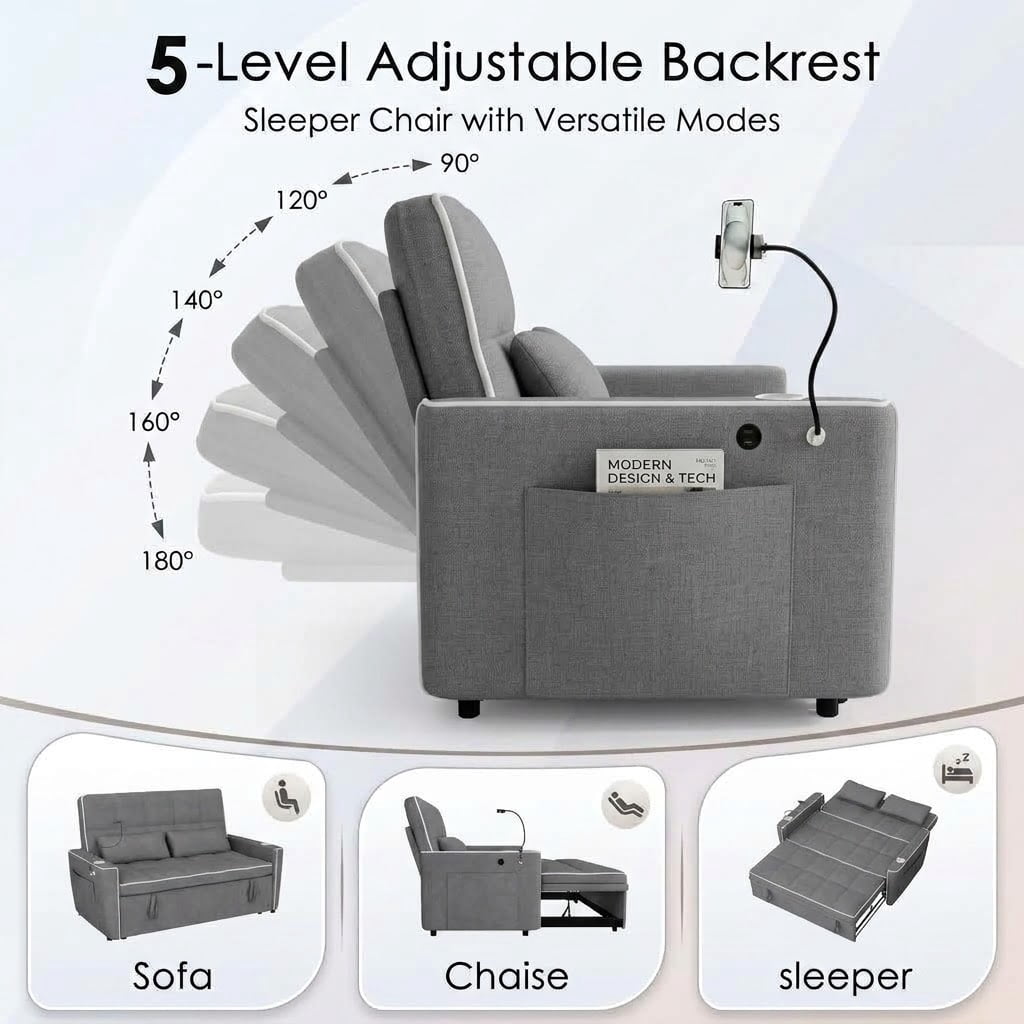 Howcool 54" Convertible Sleeper Sofa Bed, Pull Out Loveseat Couch with USB Port, Phone Holder & Cup Holder, Adjustable Backrest, Velvet Sofa for Living Room, Apartment, Dark Grey