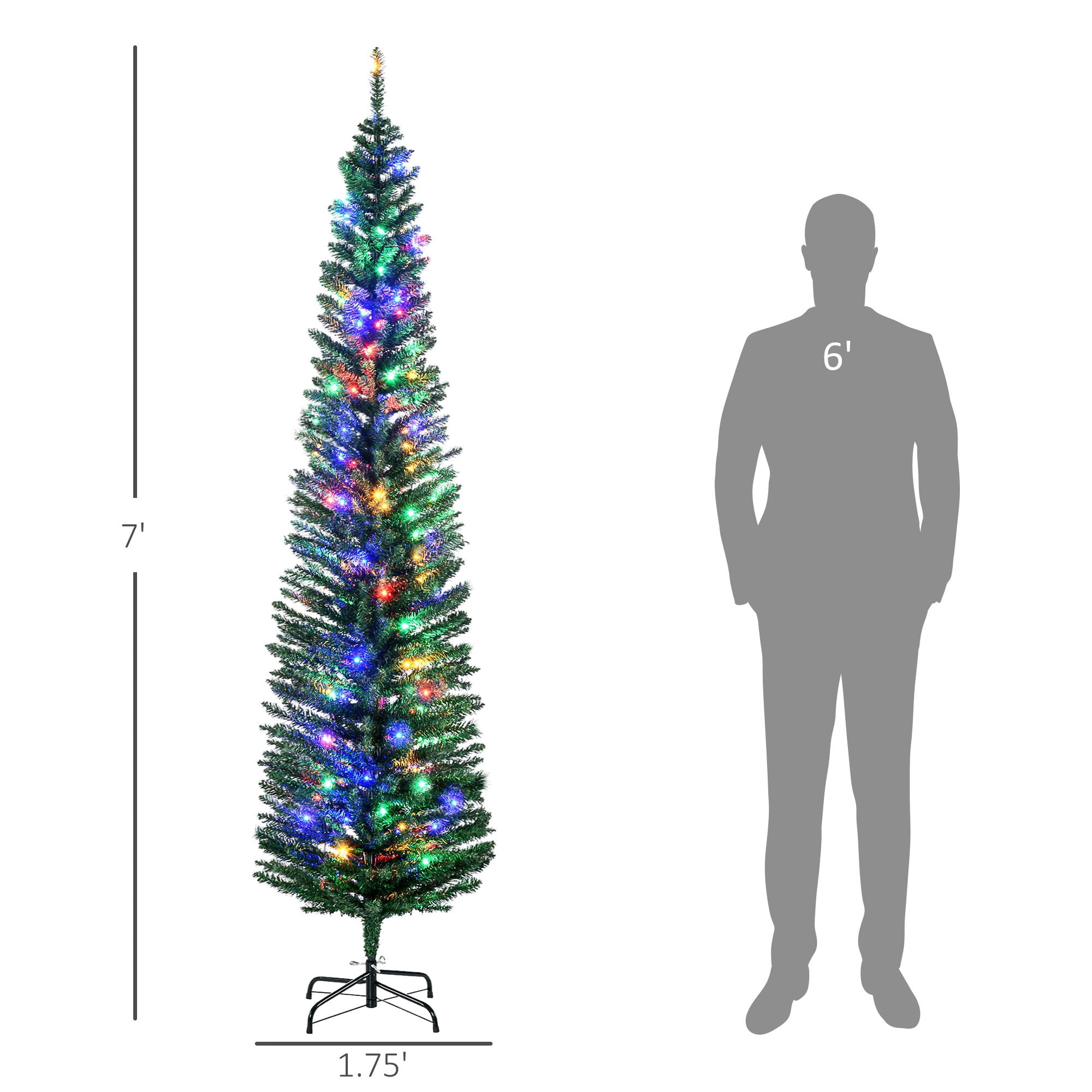 7 ft Artificial Pencil Christmas Tree with Colorful LED Lights, Steel Base, Skinny Shape, Indoor Holiday Decoration