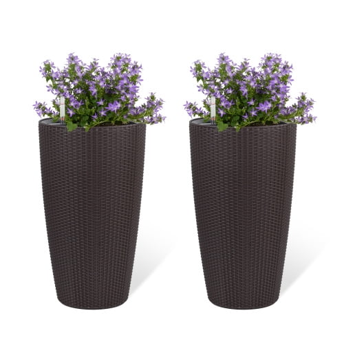 Chak’s Choice 22.7" Tall Planter Set of 2, Large Self Watering Pots for Indoor/Outdoor Plants with Drain Holes, Water Level Monitor, Inner Bucket for Front Porch Patio, Brown