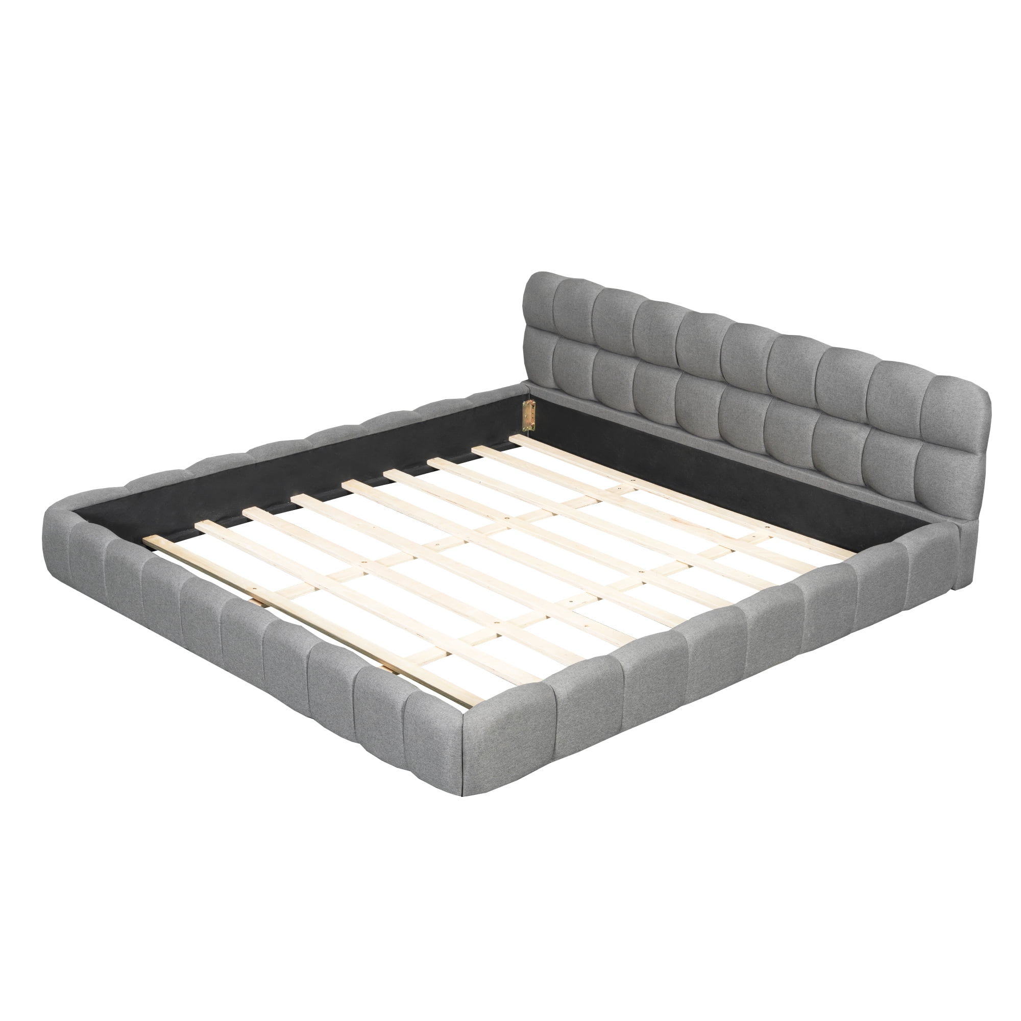 Aukfa King Size Upholstered Platform Bed, Modern Grounded Bed Frame with Thick Linen Fabric Headboard & Footboard, Gray