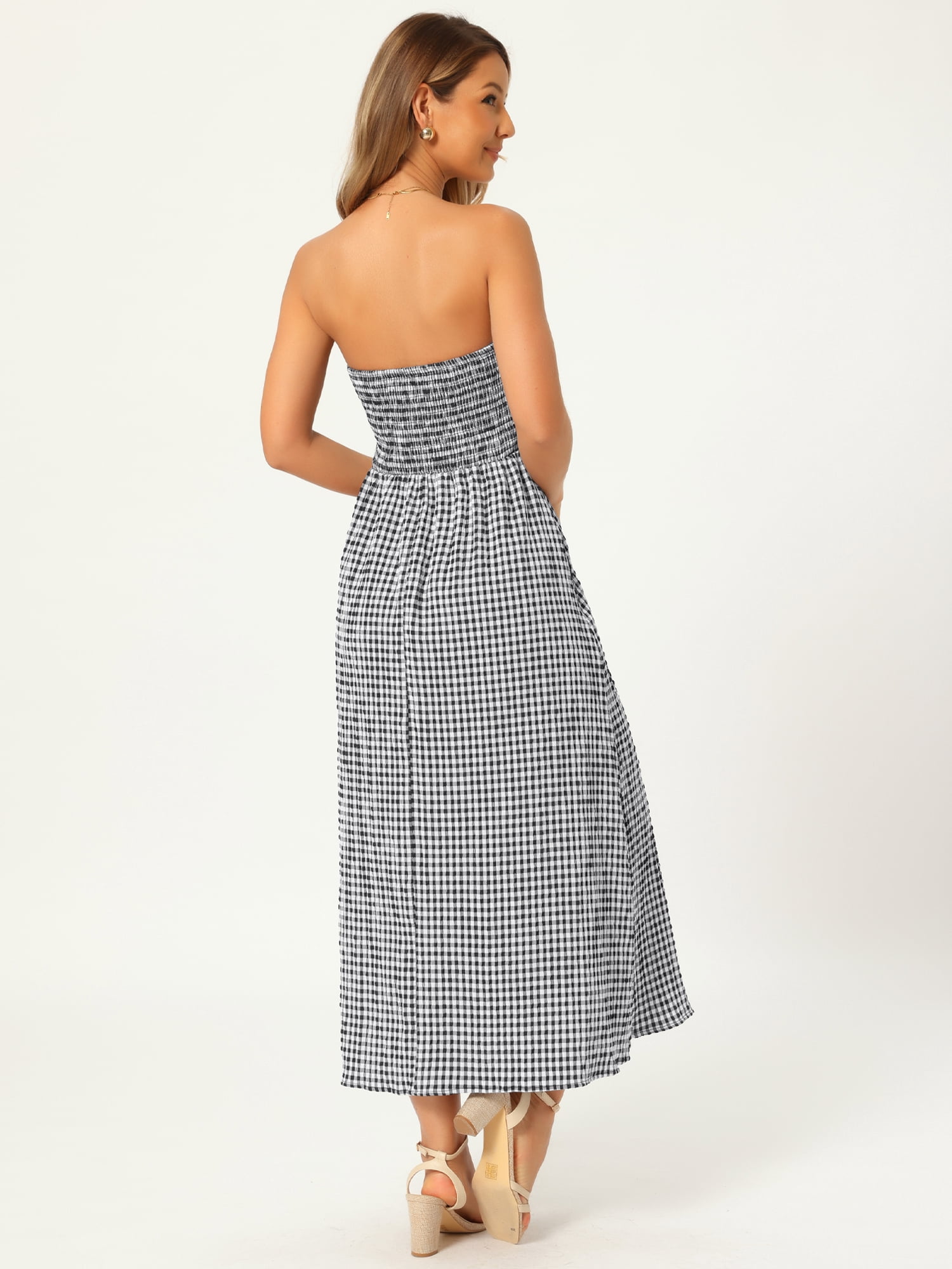 DARING DIVA Women's Gingham Strapless Maxi Summer Casual Sundress S Black