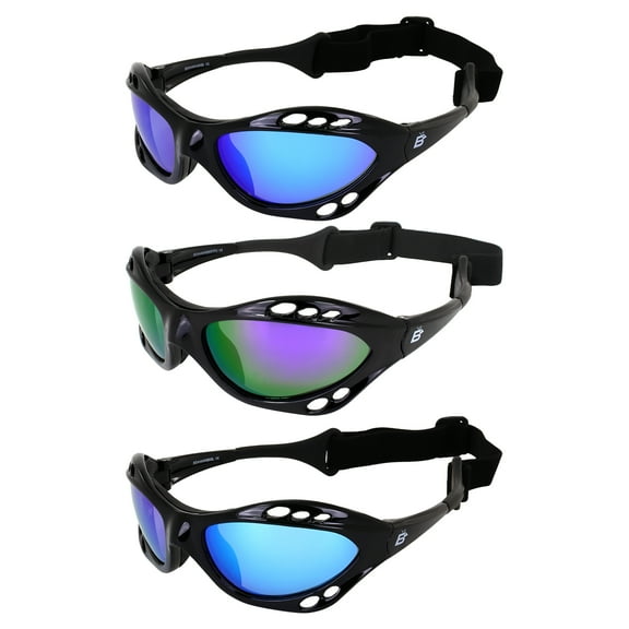 Birdz Eyewear Seahawk Padded Polarized Sunglasses 3 Pairs w/Strap Water Sports Surfing Kayaking Jetski  Black Frame w/Blue Purple & Green Mirror Lenses