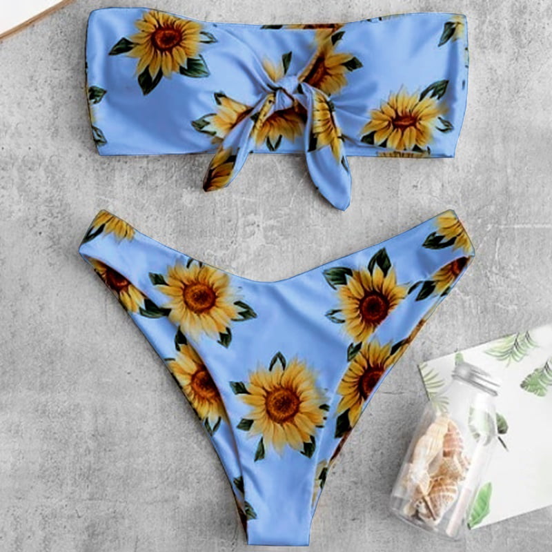 Lovaru - Women's Swimsuit Low Waist Sunflower Print Bow Solid Swimwear ...
