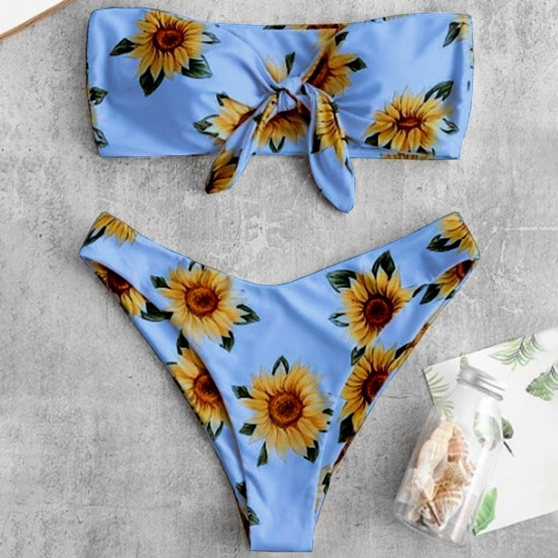Lovaru - Women's Swimsuit Low Waist Sunflower Print Bow ...