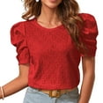 thumbnail image 1 of Camiseta con cuello redondo para mujer, manga corta abombada, Jacquard hueco, Color puro, holgada, camiseta de verano, color rojo XL, 1 of 7