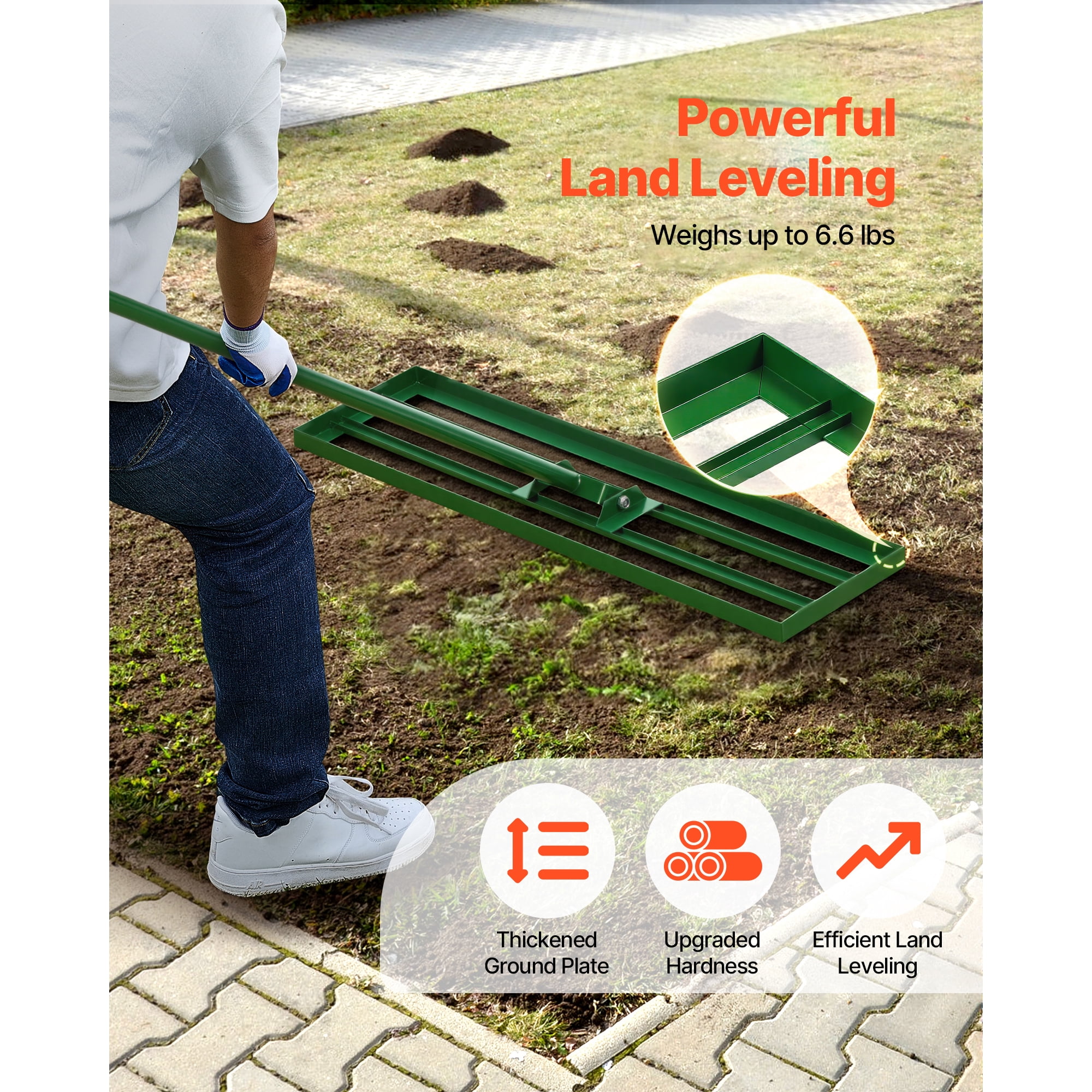 KFFKFF Lawn Leveling Rake, 36"x10" Lawn Tool, Durable Yard Leveler with 78" Steel Handle, Ideal for Garden, Golf Lawns, and Farms