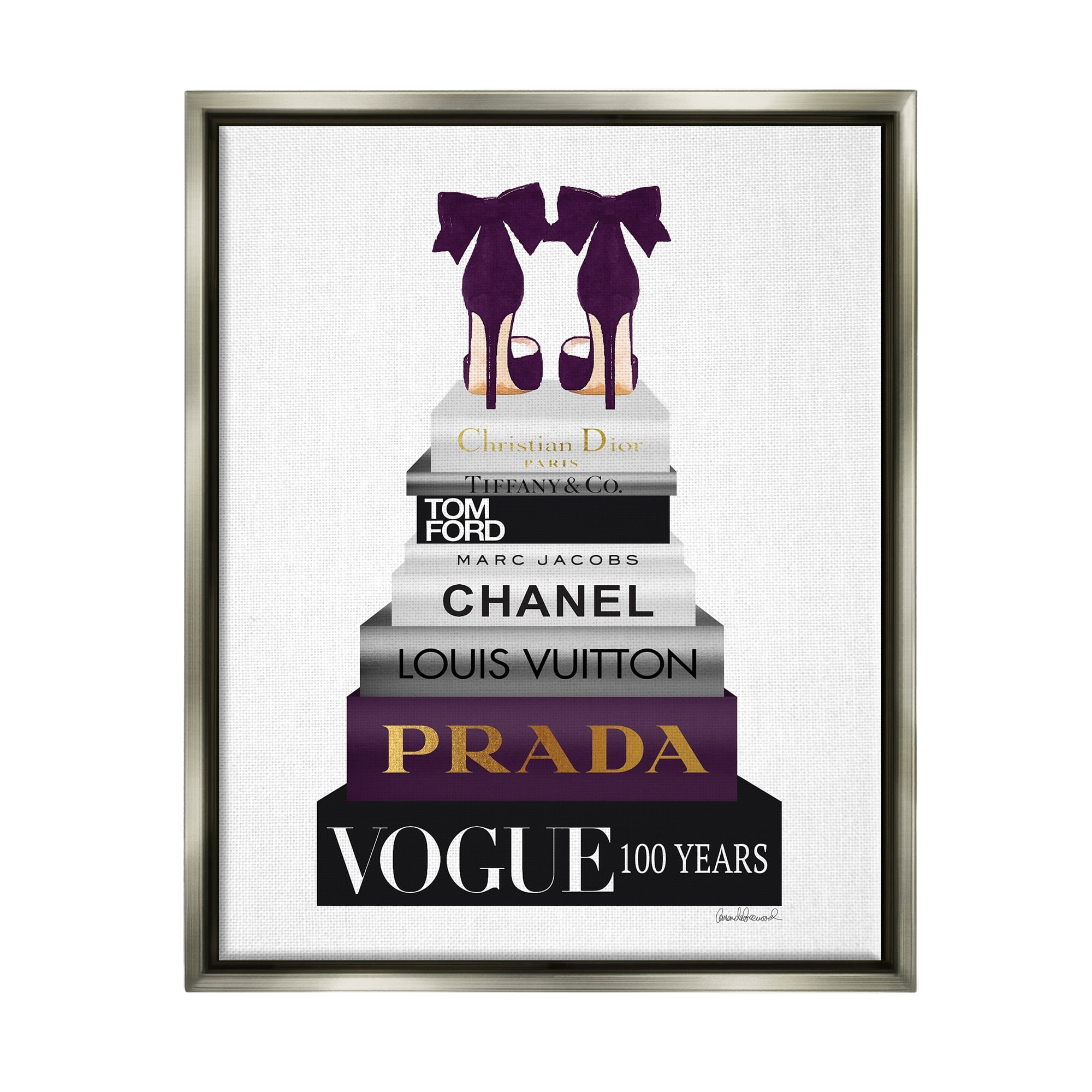 Stupell Industries Fashion Designer Shoes Bookstack Purple Gold Watercolor Luster Gray Framed Floating Canvas Wall Art, 16x20, by Amanda Greenwood