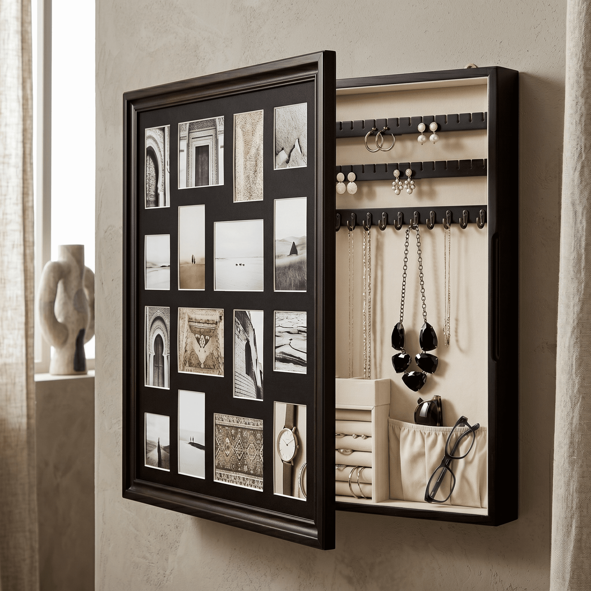 Hives and Honey Collage Photo Frame with Jewelry Storage and Organization for Women - Black Finish