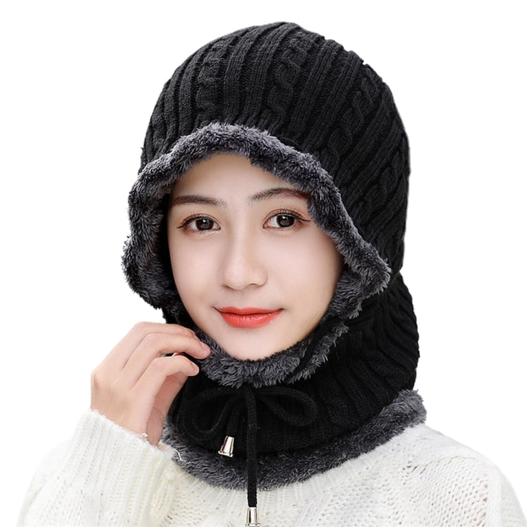Women\'s Black Winter Hat Warm Hooded Scarf Hat Balaclava Knit Skull Beanie Hooded Scarf Hat Knit Balaclava Women Beanie Skull Cap with  main image 3