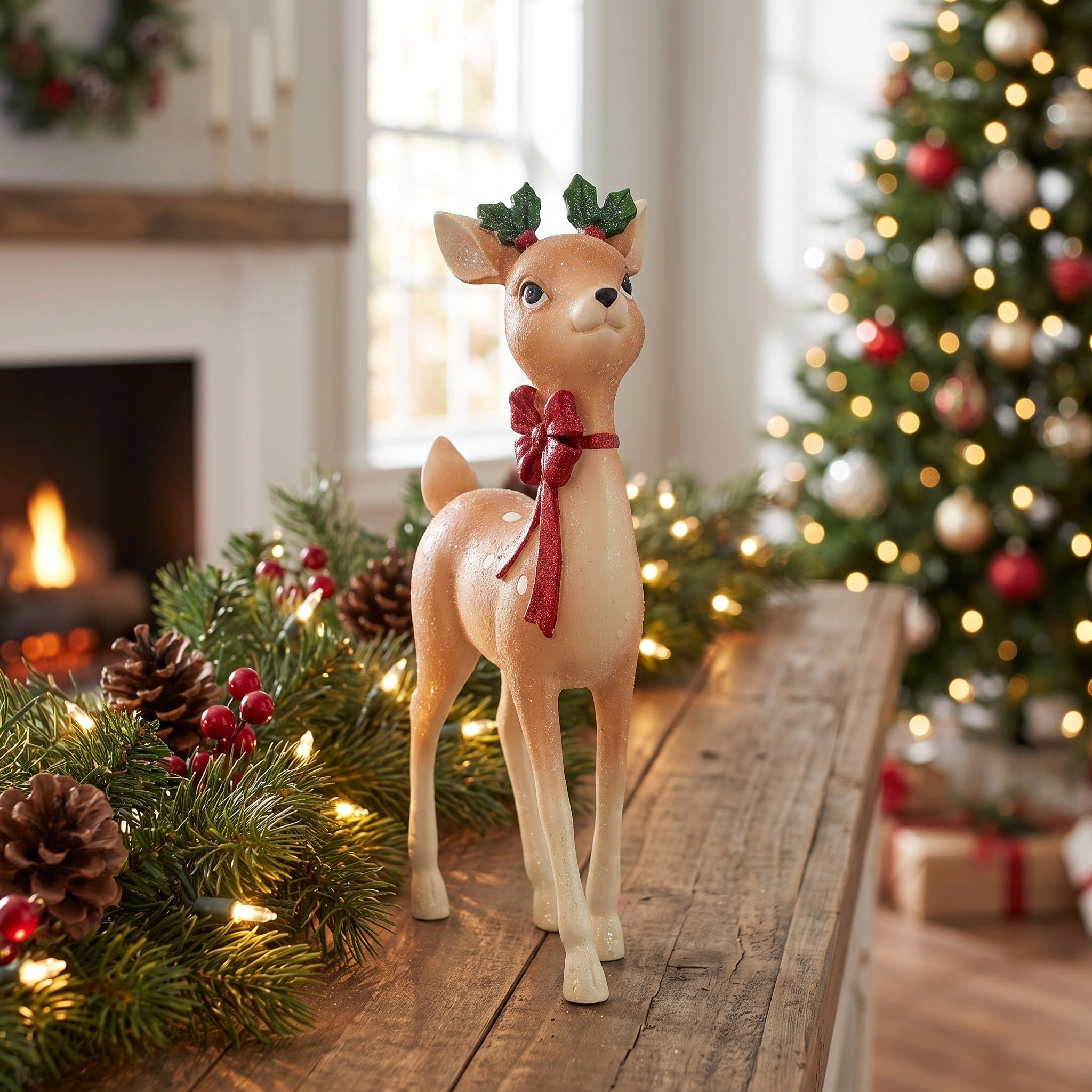 Standing Deer with Red Bow Christmas Decoration, Multicolor, 11", by Holiday Time