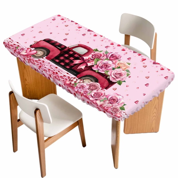 Valentine's Day Table Cloths for 3 Foot Rectangle Tables, Romantic Love Roses Truck Ombre Pink Patio Waterproof Elastic Fitted Tablecloths, Washable Rectangular Table Cover for Camping