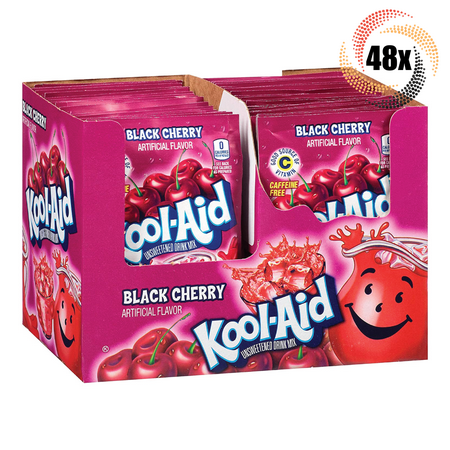 Full Box 48x Packets Kool-Aid Black Cherry Soft Drink Mix | Caffeine Free |