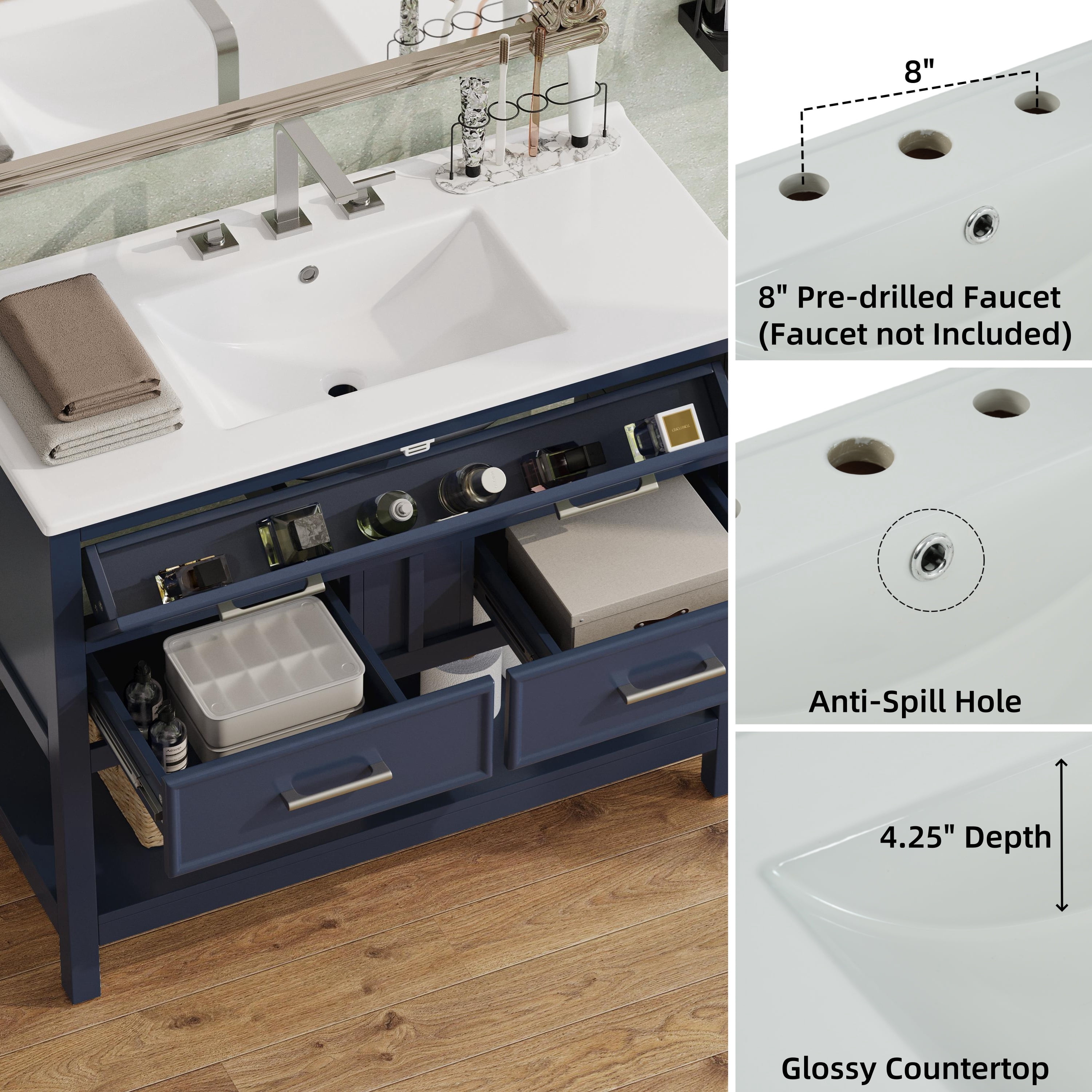 Euroco 36" Bathroom Vanity with Ceramic Sink, Bathroom Vanity with Tip-Out Tray and 2 Full-Extension Drawers, Silver Pulls and Soft Close Drawer Slides Design, 1 Open Shelf at the Bottom, Blue