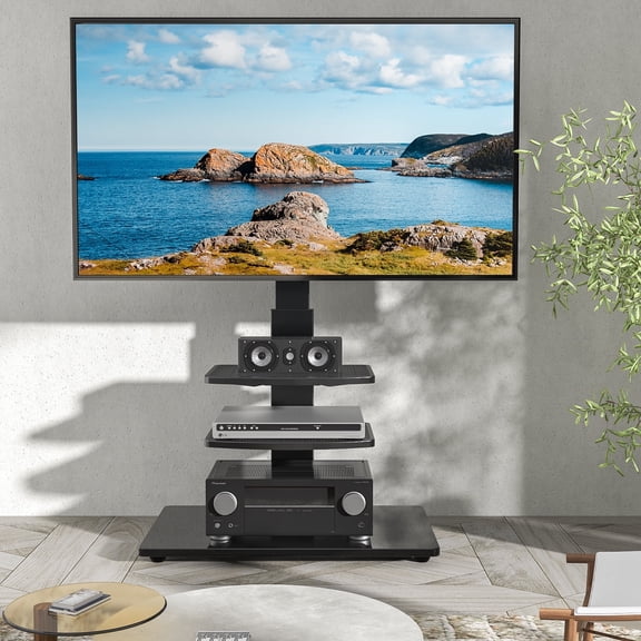 RTVR Modern Floor TV Stand with Mount for 32-70 inch Flat Screens, Black Swivel TV Stand with 2 Adjustable Shelves