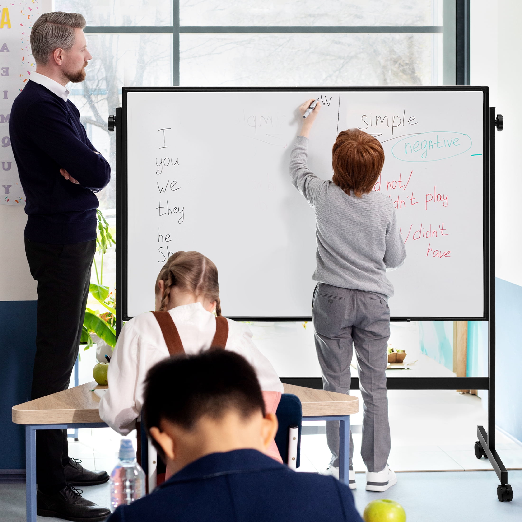 edx 46x32 Mobile Magnetic Whiteboard with Aluminum Stand & Wheels for Home Office, Classroom, Black