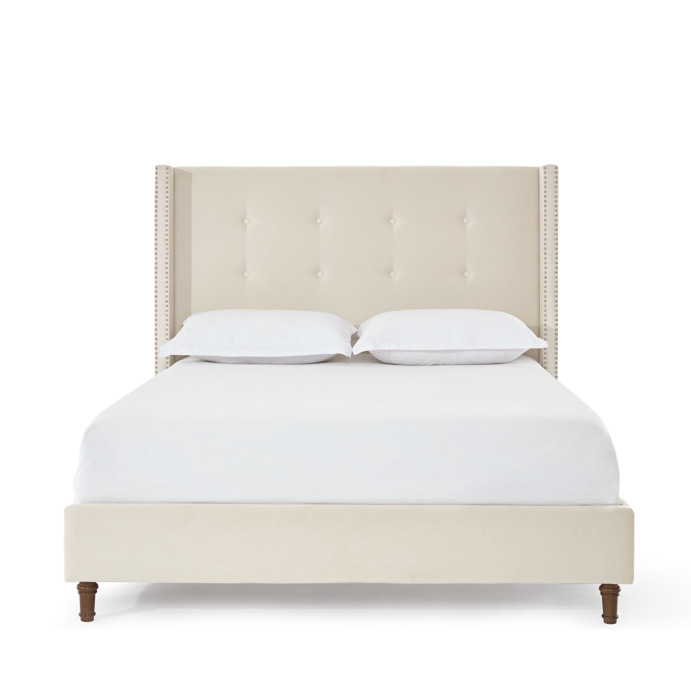 Noble House Peyton Indoor Button Diamond Tufted Velvet Upholstery Queen Bed with Wingback, Ivory