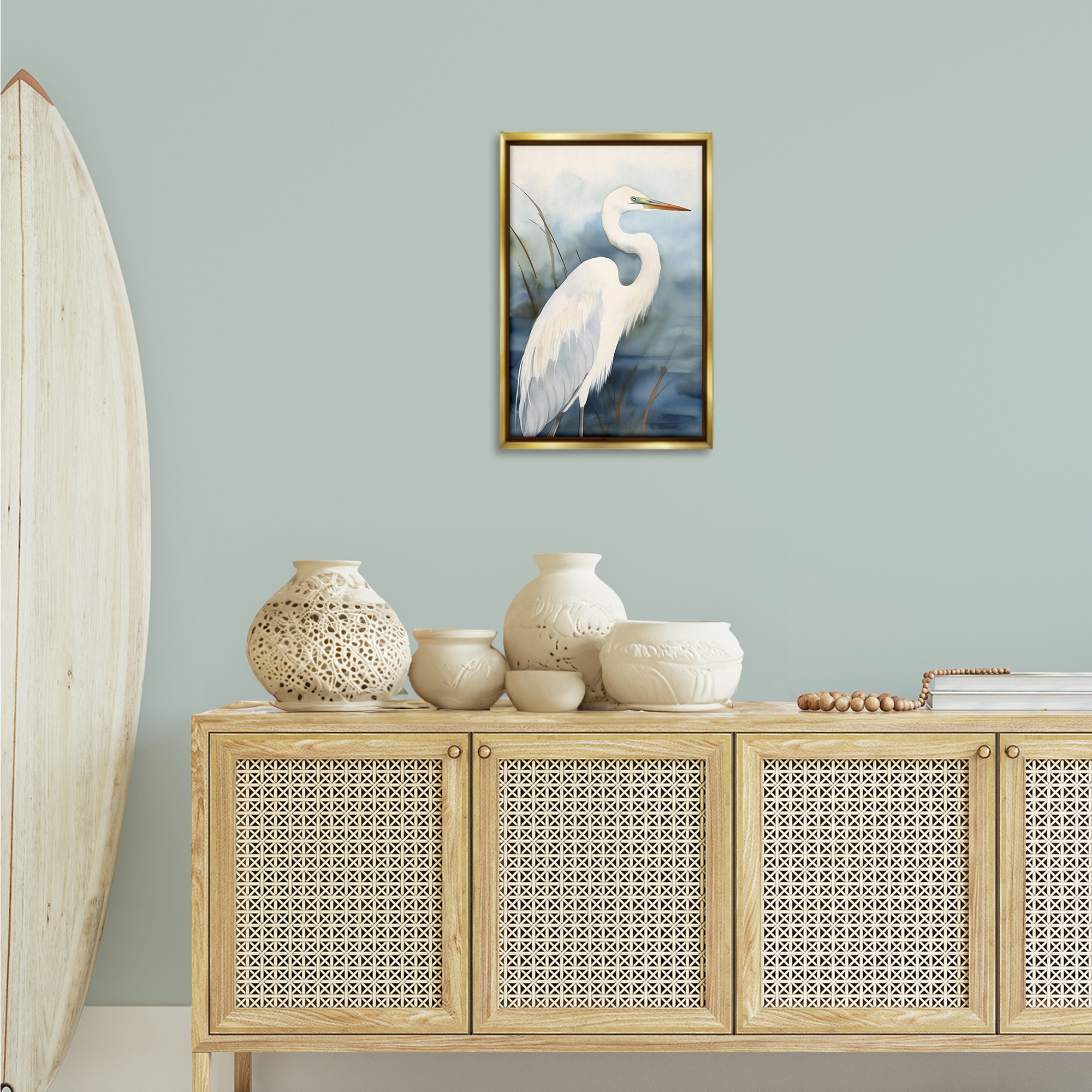 Stupell Industries Soft Egret Impression Animals & Insects Painting Gold Floater Framed Canvas Art Print Wall Art, 17 x 25