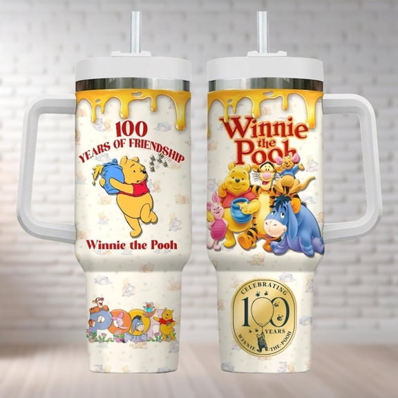 Winnie The Pooh 100th Anniversary Tumbler 40oz, Disney 100 Years Friendship Tumbler Cup, Disney Family Trip Tumbler Cup, Pooh Love Gift