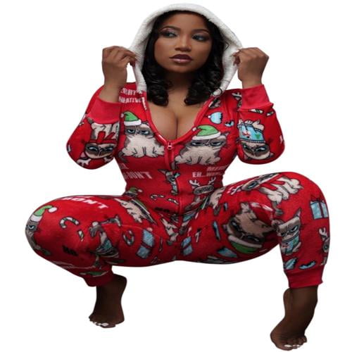 Michellecmm Women Christmas One Piece Pajamas Fleece Hooded Jumpsuit Zipper  Romper Sexy One Piece Christmas Pajamas Sleepwear (A Black, S) at   Women's Clothing store