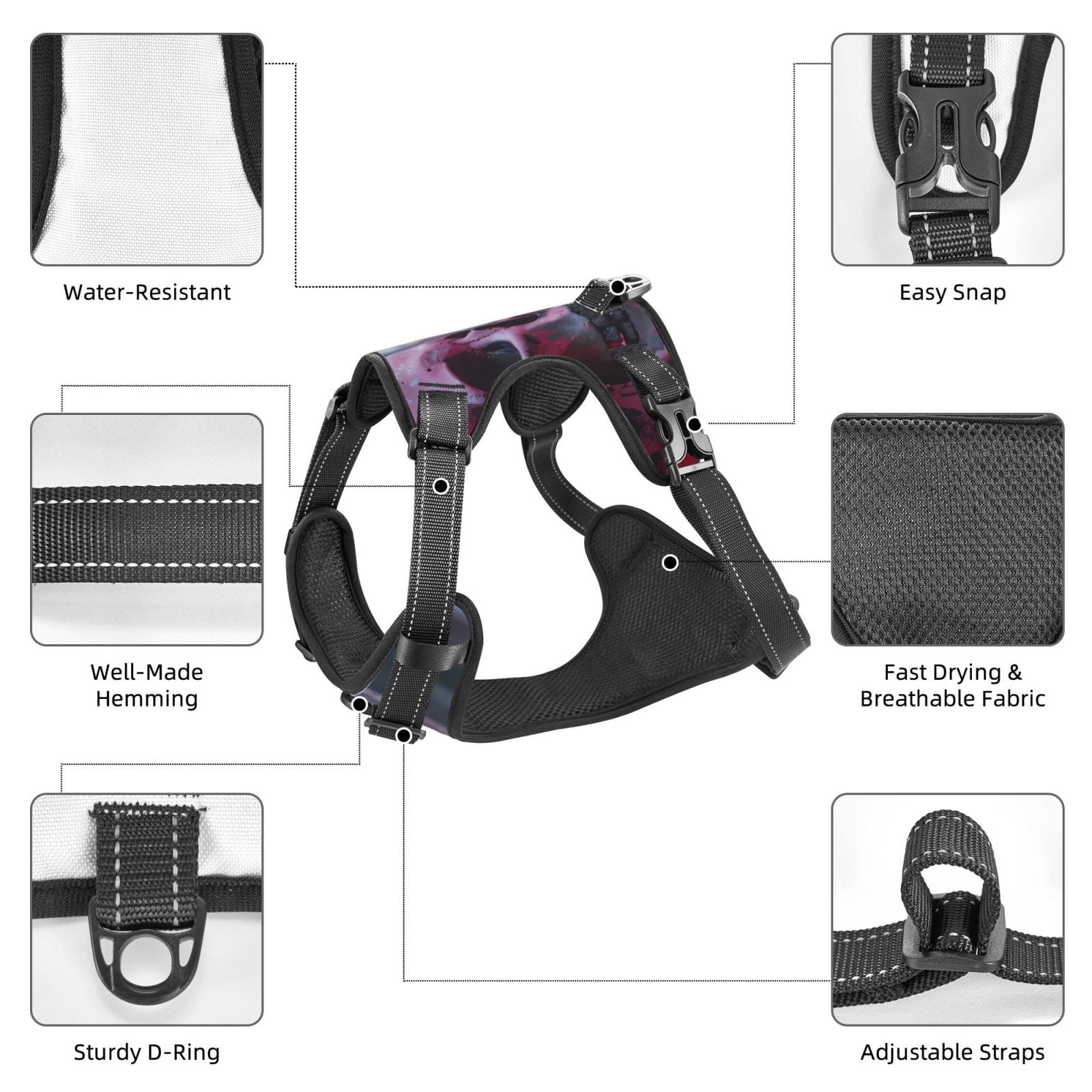 Fuzoiu Gothic Red Skull Cemetery Print Reflective Dog Harness,Adjustable, Breathable Pet Vest,Dog Harness No Pull,No Choke Pet Vest for Small, Medium, and Large Dogs-Medium