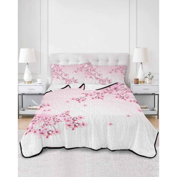 Quilts Twin XL Size, Cherry Blossom Soft Comforter Bedding Set for Bed, Gradient Tree Pink Flower Plant Lightweight Quilted Bedspread with Pillow Cover(2 Pieces) for All Season, 68x98 Inch