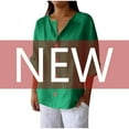 thumbnail image 3 of Clearance under 10$ Sevevn Women's New Solid Color V-neck Three Quarter Sleeve 3/4 Loose Cotton And Linen Top With Decorative Buttons Deal of the Week Green XXXXL, 3 of 6