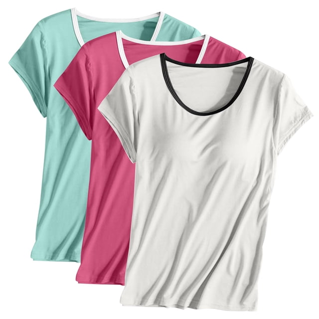 TIMIFIS Ensemble de 3 Hauts de Pyjama pour Femmes Été Décontracté avec Soutien-Gorge Intégré Rembourré T-Shirt à Manches Courtes Couleur Unie Col Ras du Cou Yoga Tenue de Détente