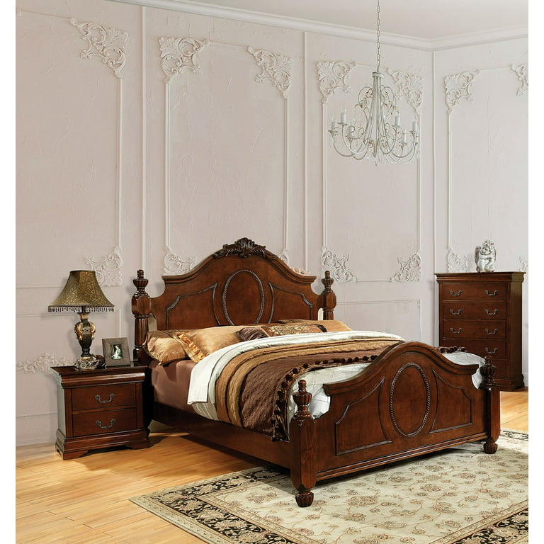 Brown Cherry Bedroom Furniture 1pc Queen Size Bed Solid wood Post