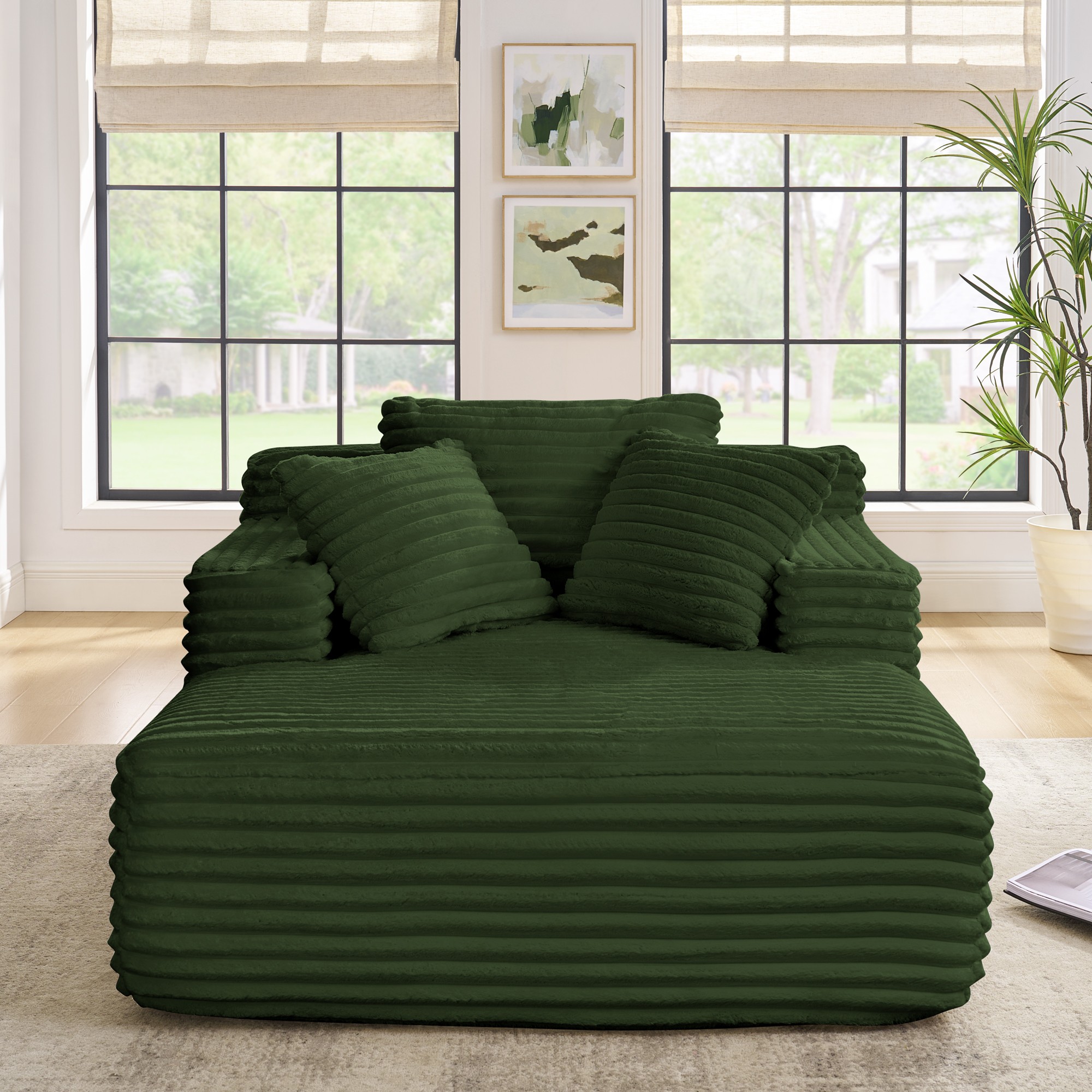 Leumius Oversized Chaise Lounge Chair,Corduroy Upholstered Cloud Couch Compressed Sofa Bed with Deep Seat for Living Room,No Assembly,Green