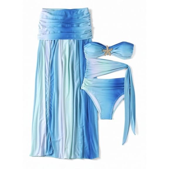 PWPSG Strapless Ombre Print Bikini Two Piece Swimsuit with Long Sheer Wrap Skirt Cover Up Multicolor M