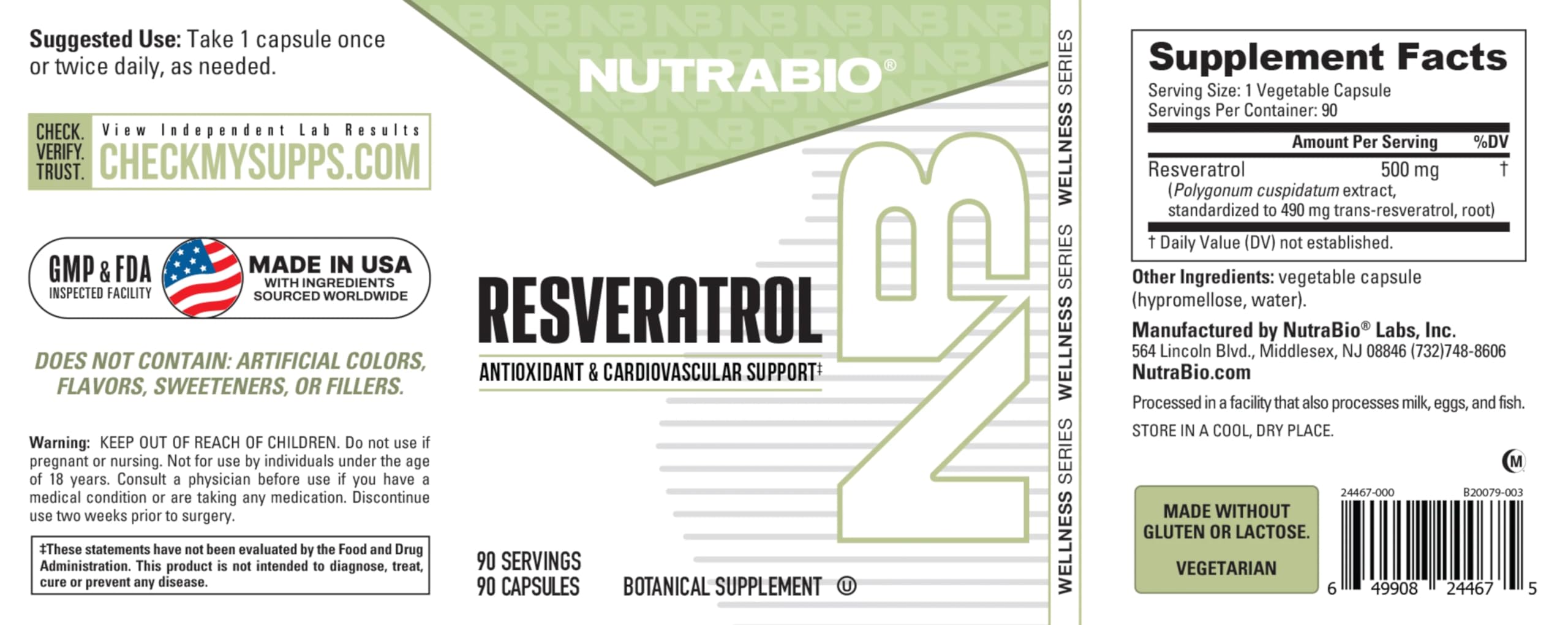 NutraBio 98% Pure Resveratrol Supplement 500mg - Standardized to 490mg Trans Resveratrol Supplement, Heart Health and Antioxidant Defense-90 Capsules- 90 servings