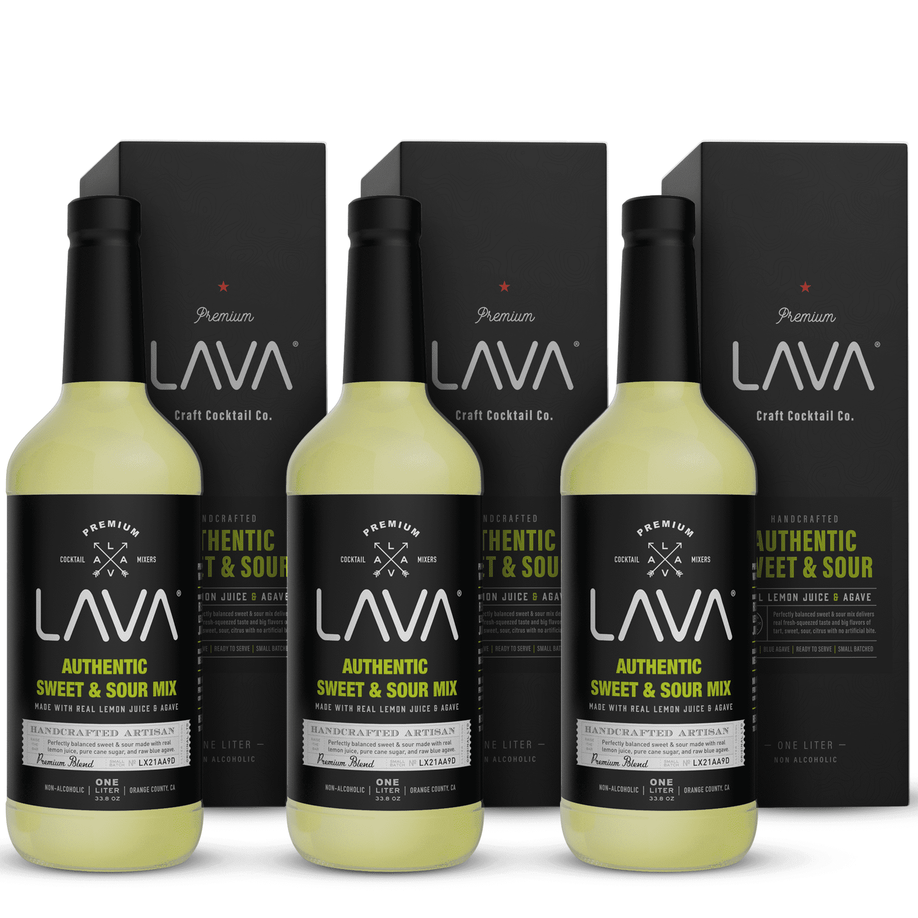 (3-Pack) LAVA Premium Authentic Sweet & Sour Mix, Made with Real Lemon Juice, Lime Juice, Agave, No Artificial Sweeteners. Whiskey Sour, Long Island, Lemon Drop. (3) 1-Liter (33.8oz) Glass Bottles