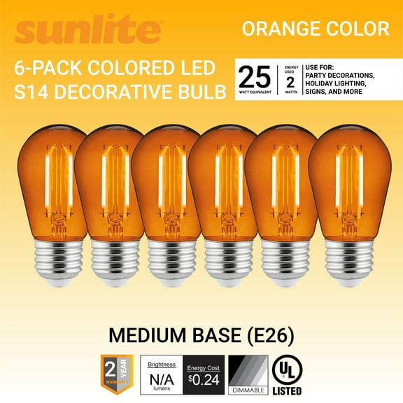 Sunlite LED S14 String Light Bulb, 2 Watts (25W Equivalent), Medium E26 Base, Party Decoration, Holiday Lighting, Transparent, Dimmable, UL Listed, Orange, 6 Count