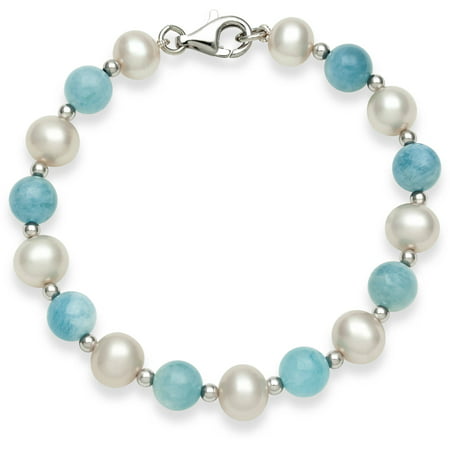 7.5-8.5mm Cultured Freshwater Pearl and 8mm Milky Aquamarine Sterling Silver Bracelet, 7.5