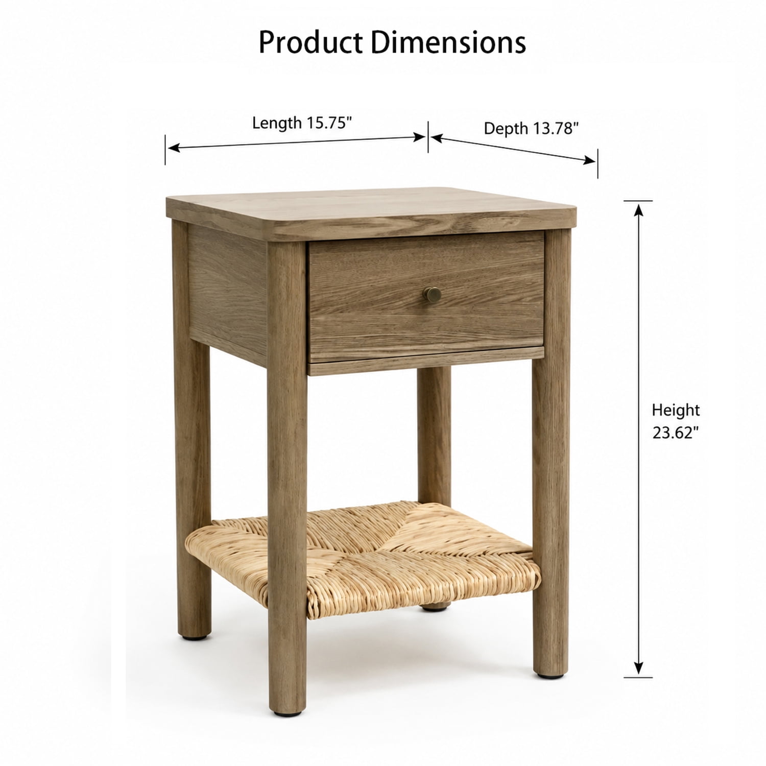 AISWORD End Table with Drawer & Hand-woven Jute Shelf,Small Wood Side Table with Rounded Edges for Bedroom & Living Room,Antique Grey
