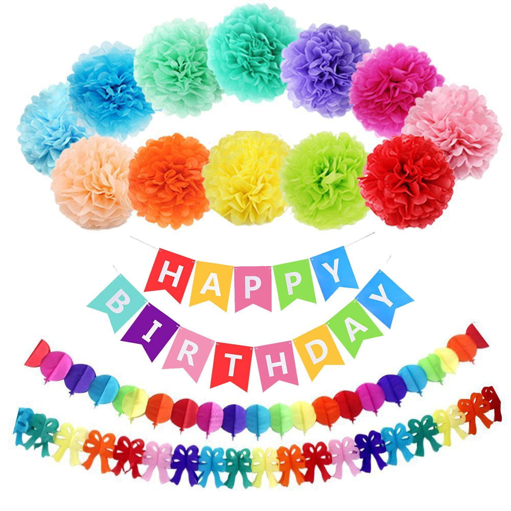 Confetti Balloons Latex Balloons Rainbow Paper Garland for Birthday Party Happy Birthday Party Bunting Banner Eokeanon 27 Pcs 10 Birthday Paper Pom Poms 12 Colors 