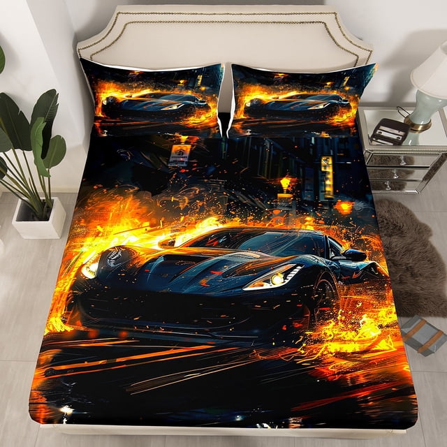 YST Fire Sports Car Bed Sheets For Kids Boys Extreme Sport Fitted Sheet Full Size,Speed Sports Car Game Bed Set Racing Car Theme Bedding Home Decortive,Microfiber 3 Piece