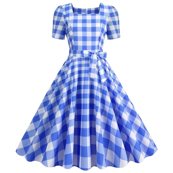 Njagoc3 Womens Casual Chic Plaid Print Short Sleeve Square Neck Bow Tie Waist A-Line Dress