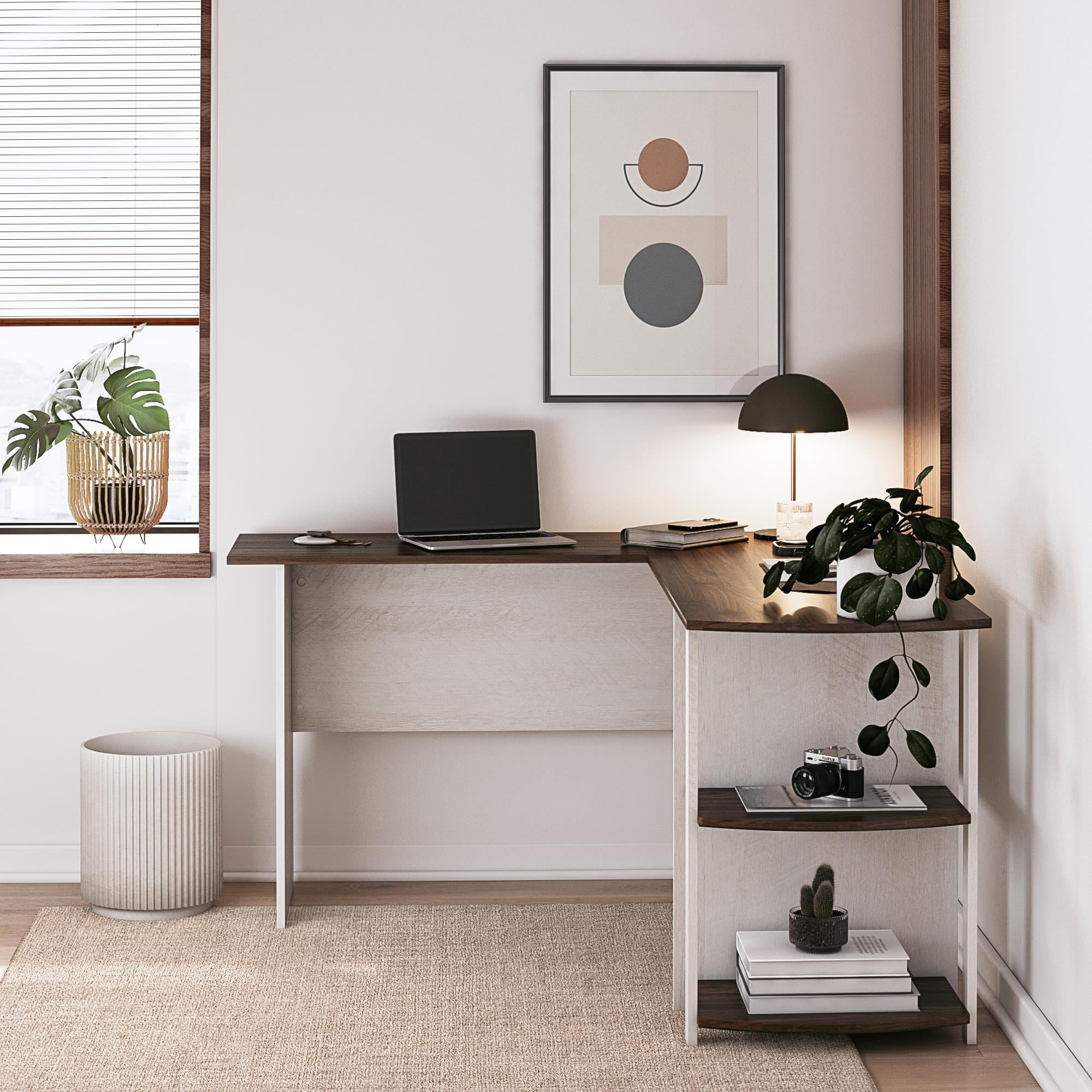 Ameriwood Home L Shaped Desk with Side Storage, Magnolia Oak/Columbia Walnut