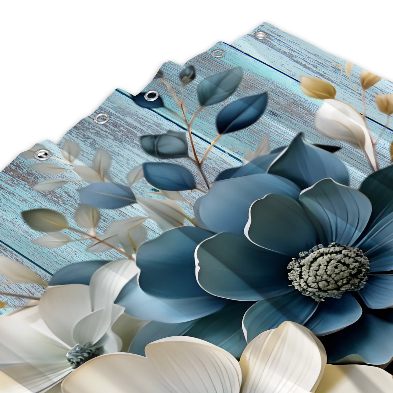 LVRLVR 1/4 Teal Floral & Distressed Blue Wood Fabric Shower Curtain Rug Set - 3D Flower Bath Mat Bathroom Decoration,Teal, 70.8" × 70.8"