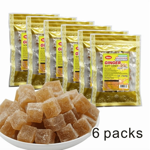 Ginger Soft Chewy Candy Gummy Variety Individual Wrapped Packs,soothing the stomach Candy Jelly Resealable 1.76.oz Per Bag(6 Bags),Perfect Treat for Halloween Parties,Christmas Sprinkles,Gift Bags