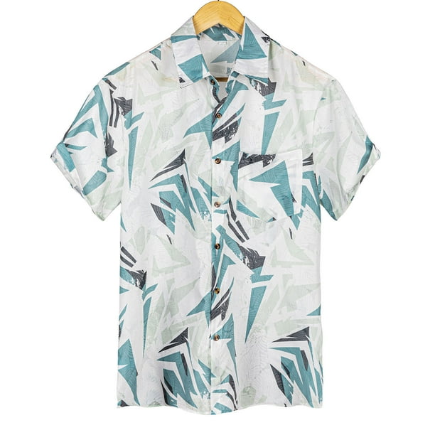 Mens Manga Corta Botón Abajo Camisas Botones Casuales Color Bloque Impresión con Blusa de Bolsillo Turndown, 100% Algodón Camisa Ligera para el Verano