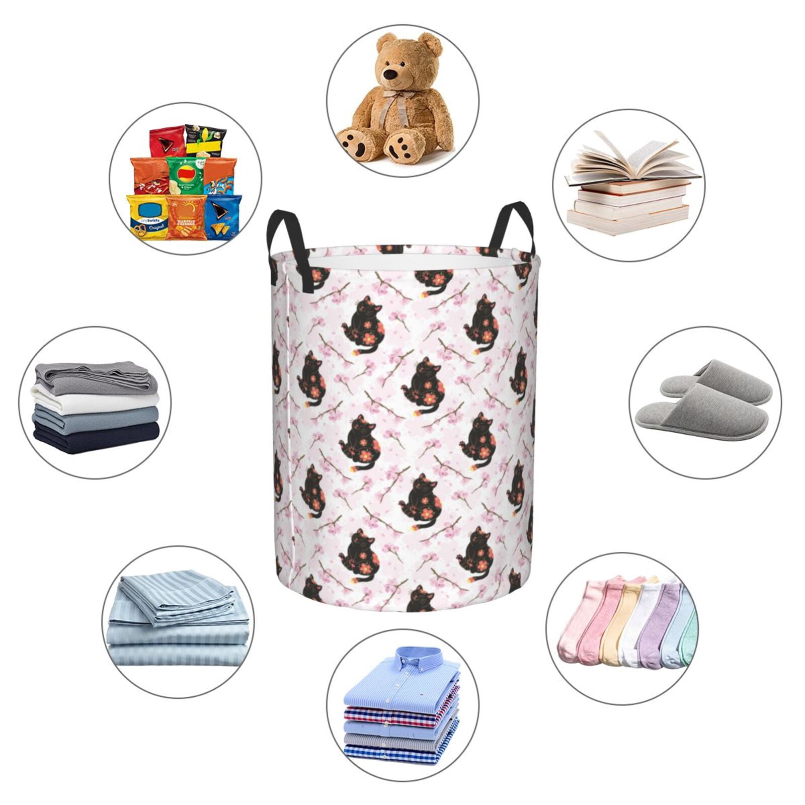 Large Laundry Basket with Handles - Artistic Cute Cat Flower Kids Baby Dirty Clothes Laundry Hamper for Bedroom Aesthetic