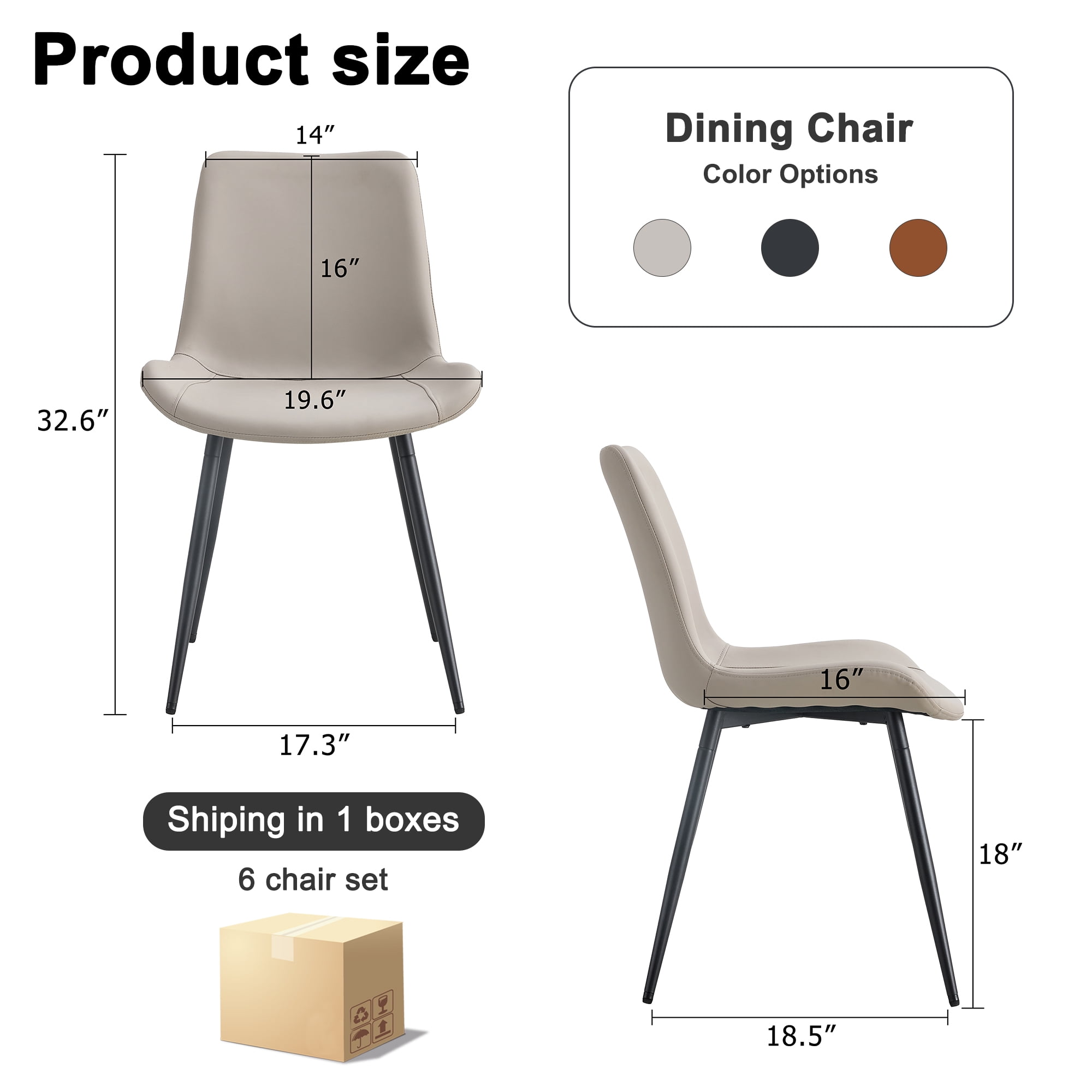 SUDICA 6-Piece Modern Gray Faux Leather Dining Chairs with Upholstered Seat and Metal Legs for Dining Room