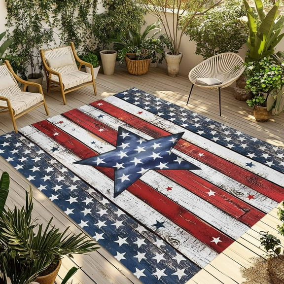 Fsddascl 4th of July Star Outdoor Rug for Patio/Deck/Porch, Non-Slip Large Area Rug 5 x 8 Ft, Independence Day American Flag Vintage Indoor Outdoor Rugs Washable Area Rugs, Camping Rug Carpet