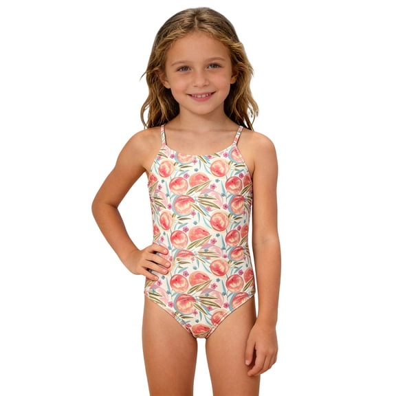 JAJAHO Girls One Piece Swimsuit Summer Peach Print Spaghetti Strap Full Coverage Bathing Suit For Kids 4-10Y Stylish Beachwear