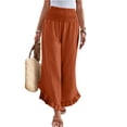 thumbnail image 2 of Linen Pants Women Summer Wide Leg Smocked Waist Ruffle Hem Palazzo Pants Boho Flowy Beach Vacation Pant with Pockets Orange 2XL, 2 of 8