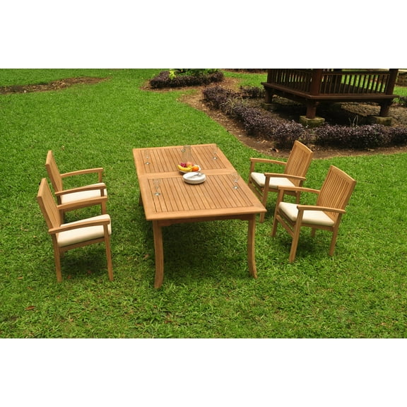 Grade-A Teak Dining Set: 4 Seater 5 Pc: 118" Double Extension Rectangle Table And 4 Wave Stacking Arm Chairs Outdoor Patio WholesaleTeak #WMDSWVp