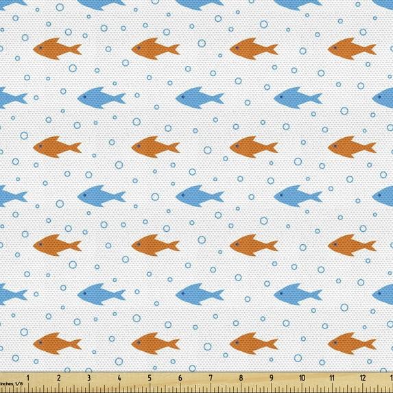 Fish Sofa Upholstery Fabric by the Yard, Bicolored Flock of Fish Bubbles Motif on Plain Background Illustration, Decorative Fabric for DIY and Home Accents, White Sky Blue by Ambesonne
