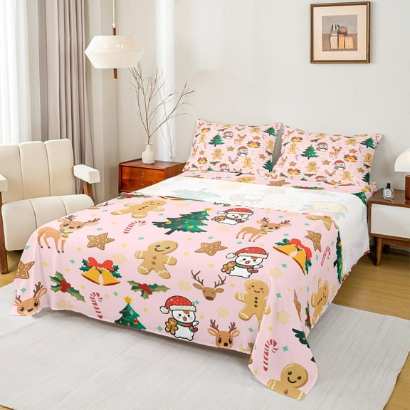 Castle Fairy Children Gingerbread Man 3pcs Twin Sheet Sets,Christmas Tree Twin Fitted Sheet,Festival Xmas Breathable Flat Sheet,Super Cozy Room Decor